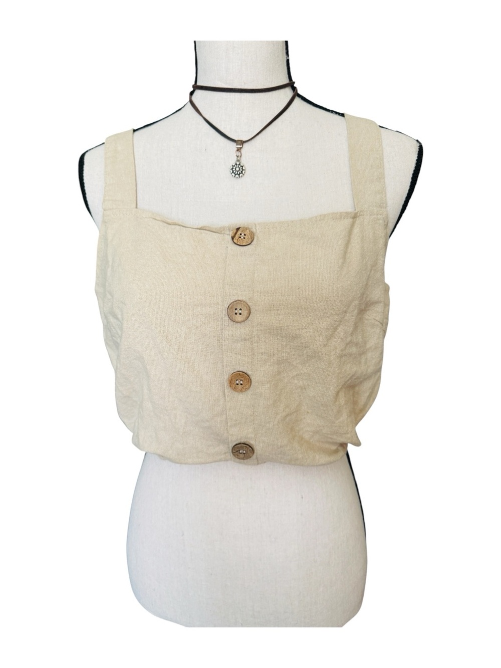Nasty Gal Collection Tie Front Crop Top Beige Linen Blend Button Tank 12